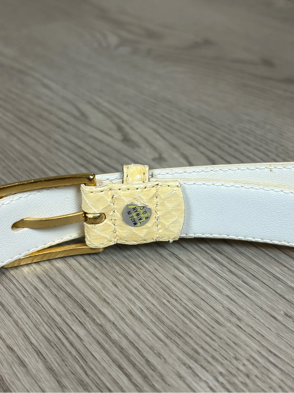 Genuine Snake Skin Classic Cream Leather Belt with Gold Buckle